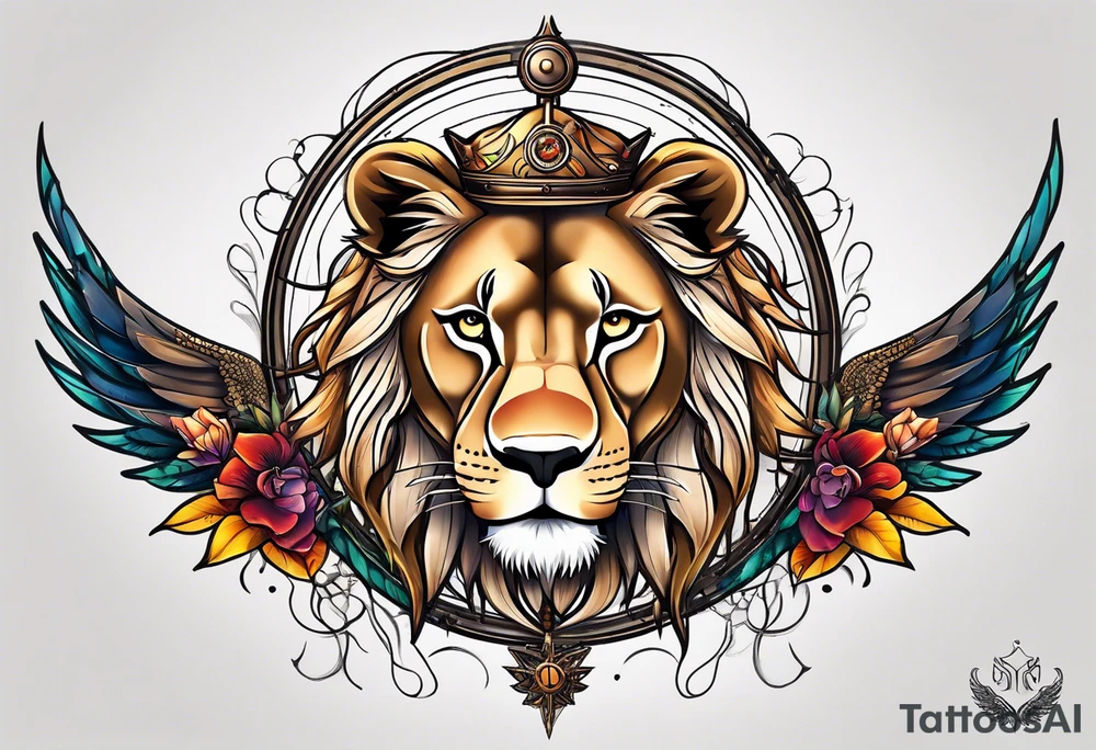 Lioness with wings compass tattoo idea