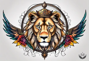 Lioness with wings compass tattoo idea