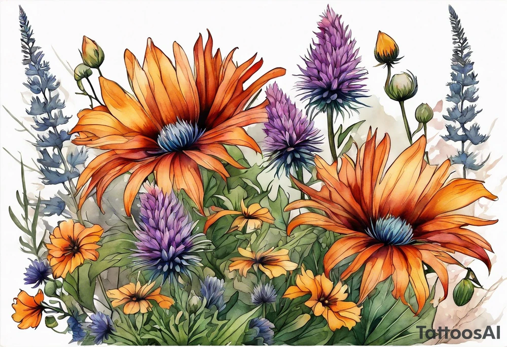 cascading mixed colored wildflowers with thistles, ferns, burnt orange flowers all in color tattoo idea