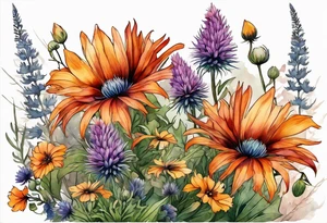 cascading mixed colored wildflowers with thistles, ferns, burnt orange flowers all in color tattoo idea