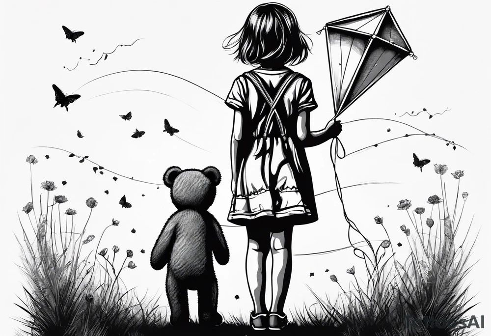 back image of a little girl in a dress, holding a kite , a teddy bear in overalls standing beside her tattoo idea