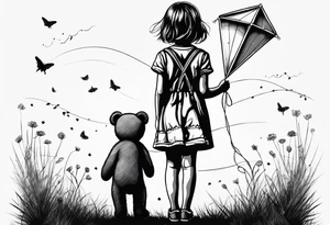 back image of a little girl in a dress, holding a kite , a teddy bear in overalls standing beside her tattoo idea