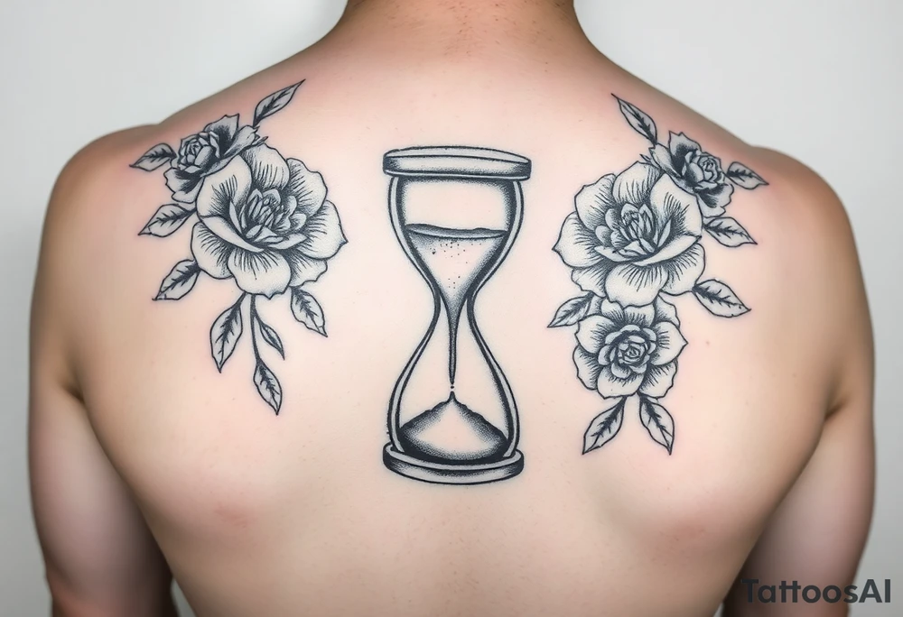 An hourglass with a skull at the bottom that the sand is pouring into. Include matching florals on each shoulder tattoo idea