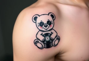 minimalist teddy bear with vinyl records as eyes smiling and sitting on a record tattoo idea