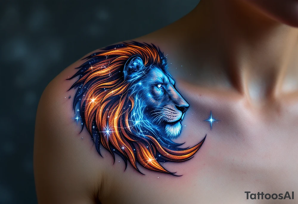 The Leo constellation is woven into the flowing mane of a copper-toned lion, glowing with cosmic blues and silvers. tattoo idea