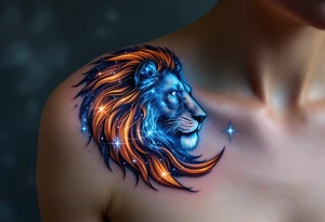 The Leo constellation is woven into the flowing mane of a copper-toned lion, glowing with cosmic blues and silvers. tattoo idea