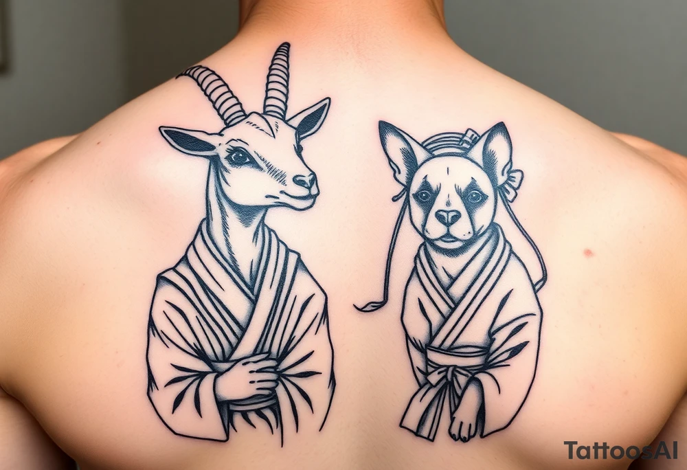 Feminine goat and dog dressed up as geisha warriors tattoo idea