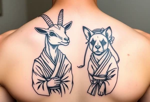 Feminine goat and dog dressed up as geisha warriors tattoo idea