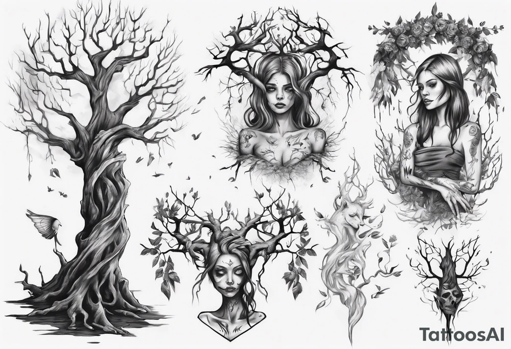 Dying tree girl tattoo idea