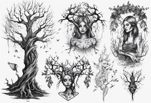 Dying tree girl tattoo idea