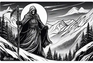 Grime reaper with snow and in the mountains tattoo idea