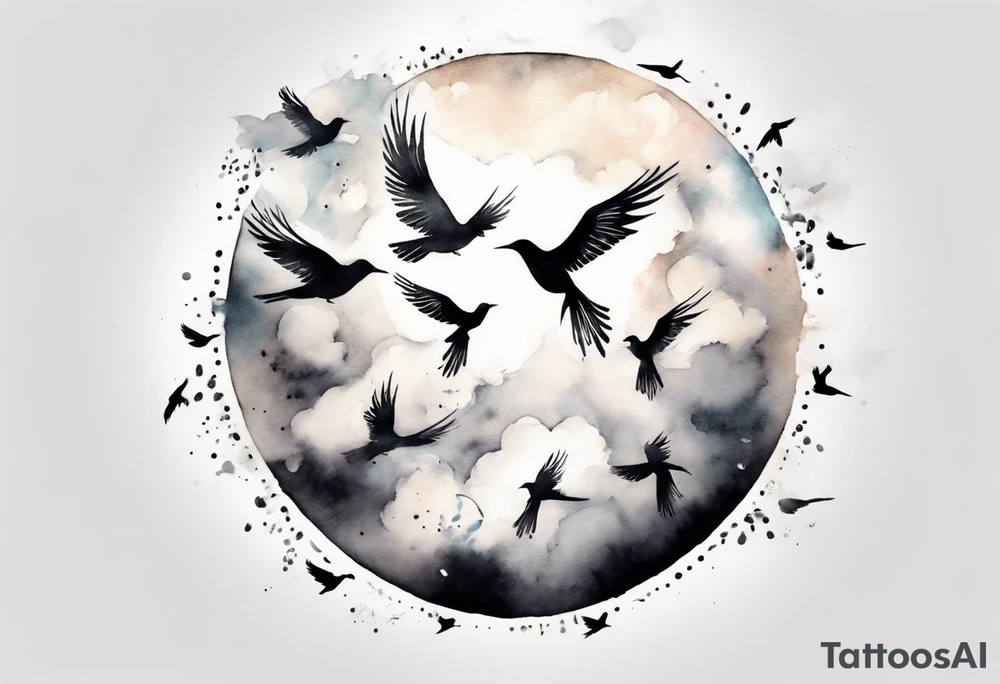 shoulder tattoo with light rays with birds flying free among the clouds, round shape, 3d effect tattoo idea