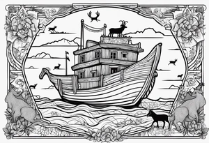 Noah's ark with a badger, a goat and a reindeer inside the outlines of Map of Mallorca tattoo idea