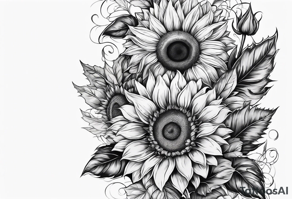 Arm sleeve Foral sunflower and roman numeral tattoo idea