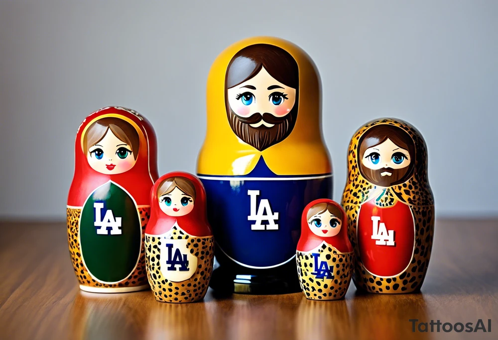 Matryoshka doll family of 4. Each separate doll is designed based on their individual description. Father (biggest doll) has full beard, blue eyes, short brown hair, loves LA Dodgers. Mother (second biggest doll) has blonde bob length hair, no beard, blue eyes, thick rimmed black glasses, loves leopard print. Son is 4 years old, blue eyes, blonde spiky hair, loves Paw Patrol. Daughter is 2 years old, blue eyes, long eyelashes, short light brown bob, loves Bluey. tattoo idea