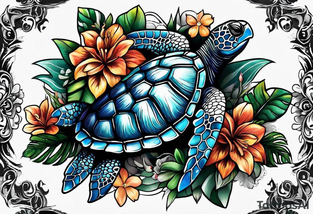sea turtle, flower tattoo idea
