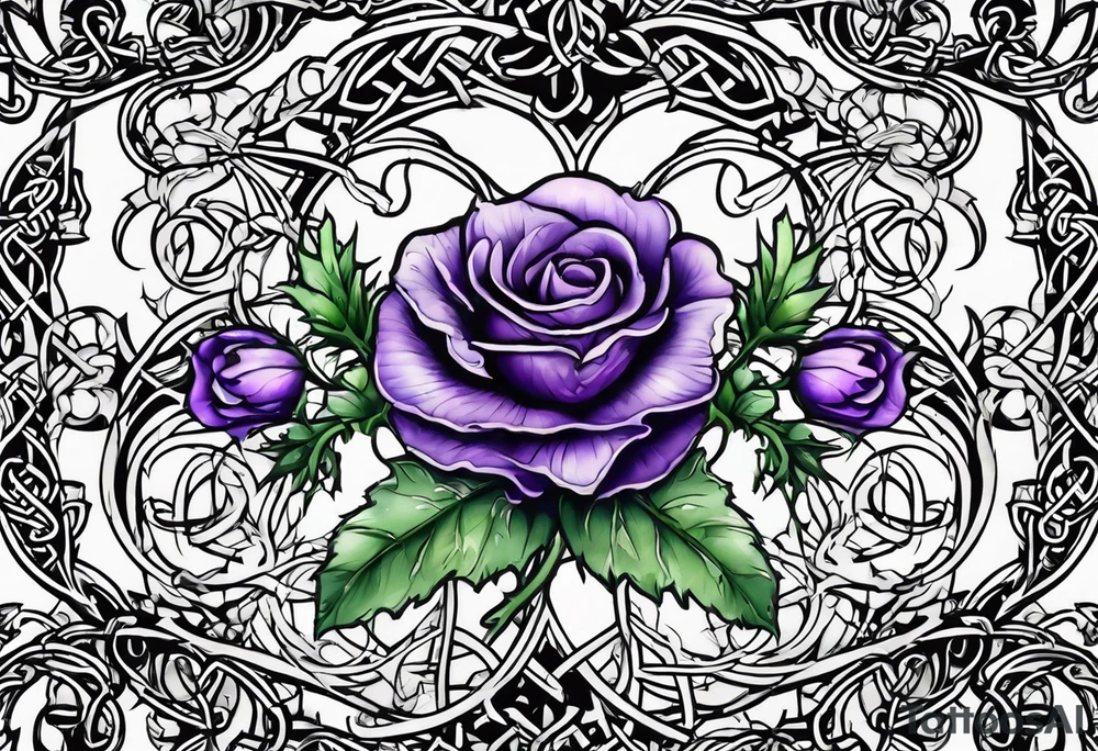 Purple thistle, yellow rose and shamrock with stems intertwined spelling KND in celtic lettering tattoo idea