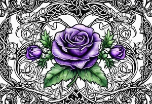Purple thistle, yellow rose and shamrock with stems intertwined spelling KND in celtic lettering tattoo idea