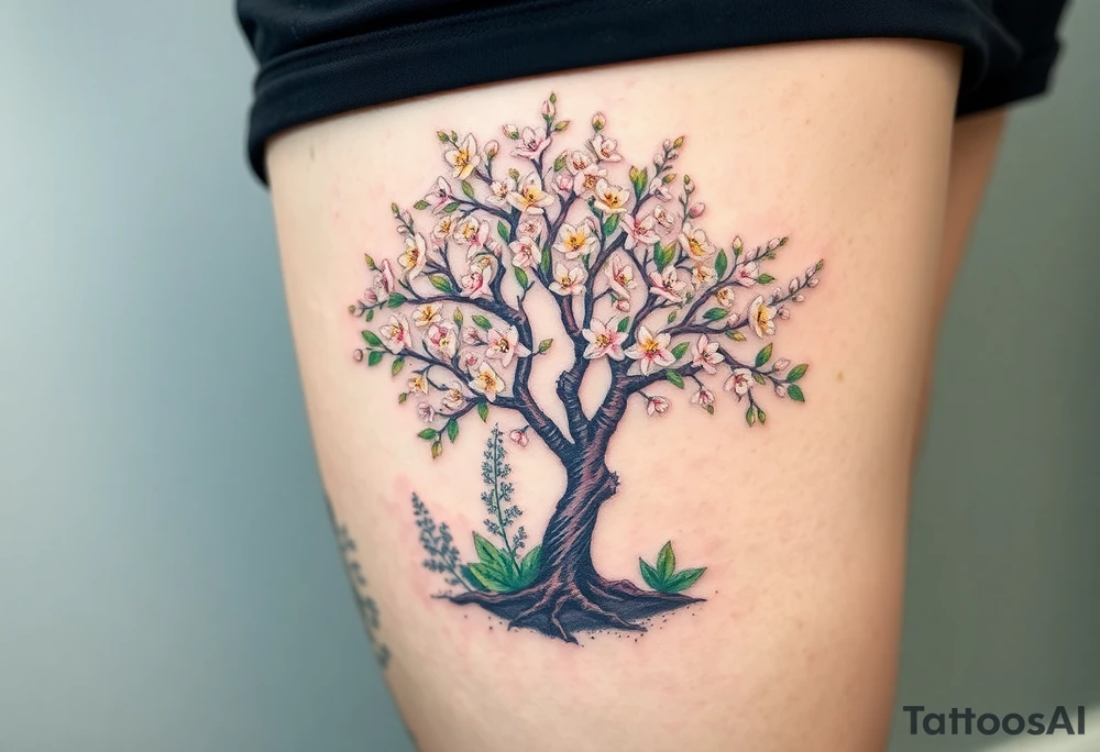 Flowering hawthorne tree with lilly of the vally plants planted by  tree tattoo idea