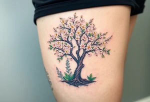 Flowering hawthorne tree with lilly of the vally plants planted by  tree tattoo idea