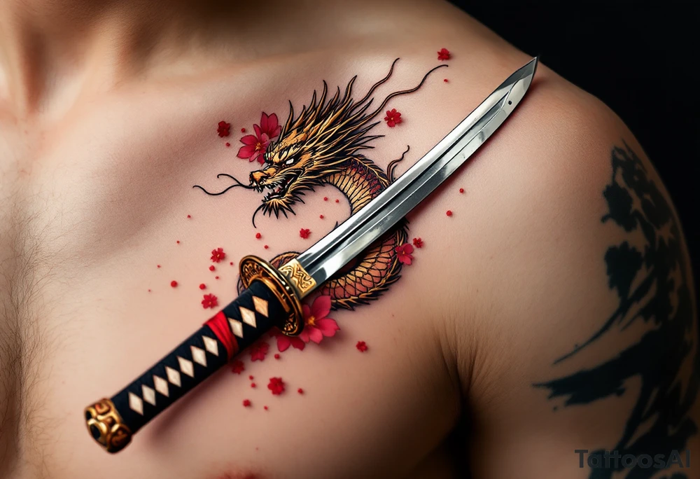 Japanese katana with a slightly curved, polished steel blade reflecting soft light. The hilt is tightly wrapped in black and crimson silk, with a golden oriental dragon coiled around it, its scales shimmering in deep gold and red. Cherry blossom petals drift around the blade, and a faint ink brush wave. tattoo idea
