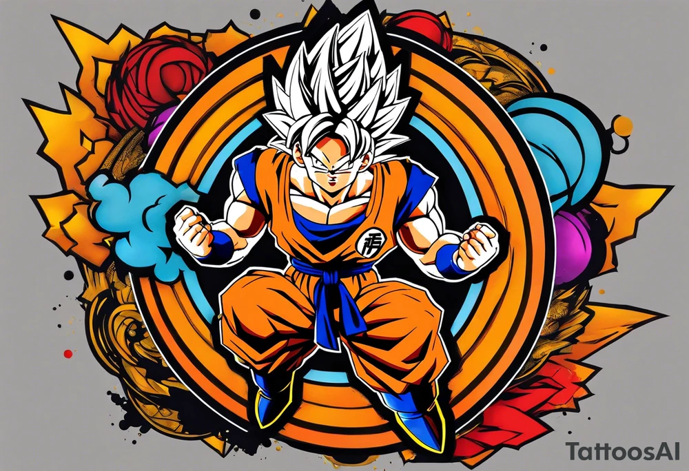 An anime-style tattoo of a character from Dragon Ball, depicted in a dynamic and powerful pose. The character’s unique traits and expressive details are highlighted to capture their personality and strength. This design embodies the intense, iconic anime style that Dragon Ball is known for, with vibrant colors and strong lines tattoo idea