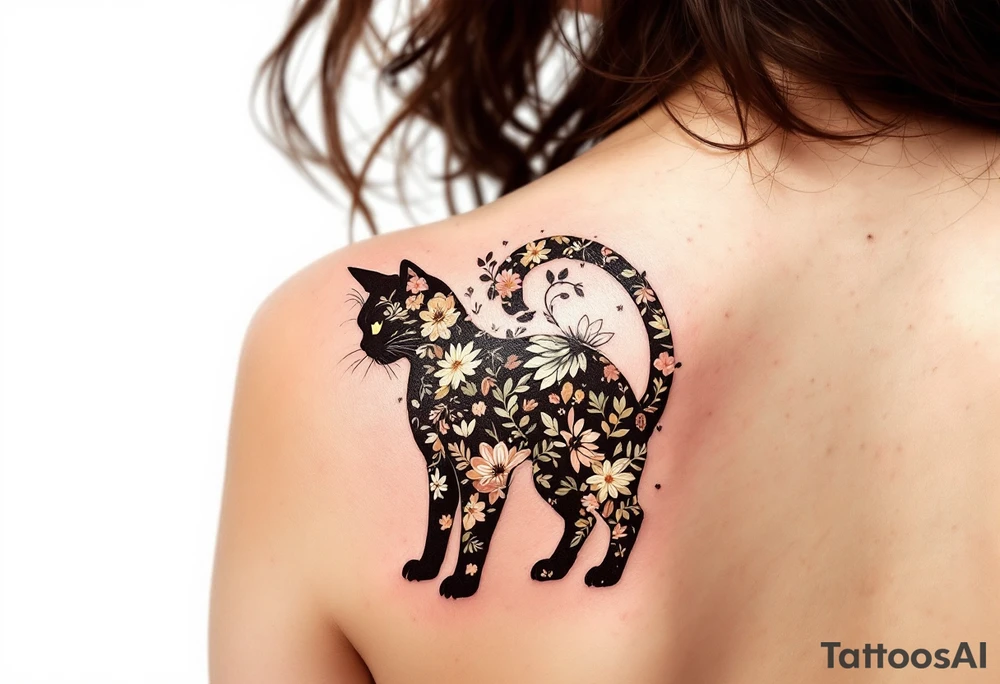 Floral Cat Silhouette – A dark brown silhouette filled with intricate floral patterns placed on shoulder blade soft colors like rose, olive green, and beige. tattoo idea