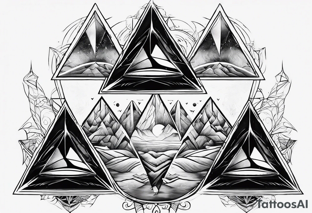four small triangle portals to fantasy world connected by line, forearm tattoo tattoo idea