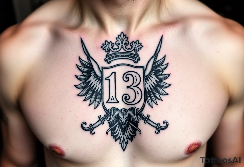 powerful majestic Irish family crest with the number 13, the toledo mud hens, demonic and midevel features incorporated into a intricate chest tattoo on a man tattoo idea