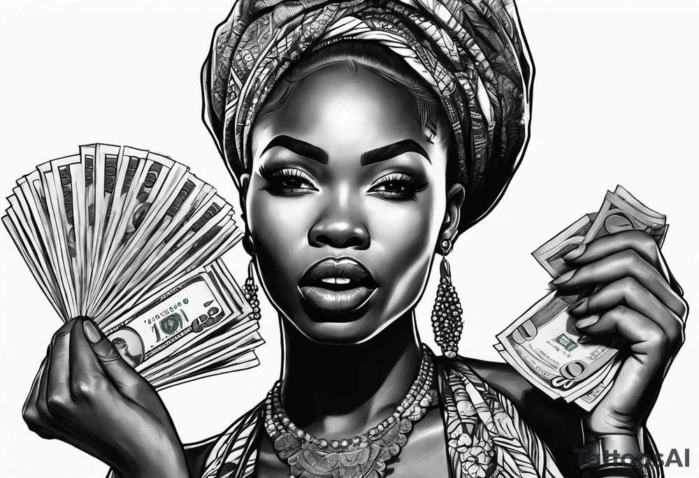 african woman biting money tattoo idea