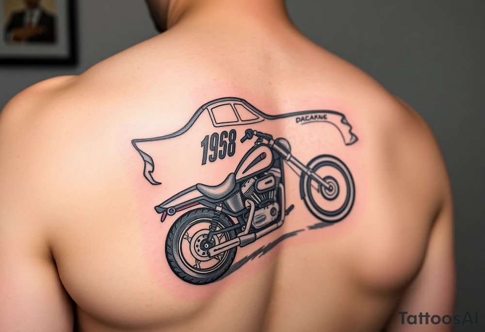 An arm tattoo with Dale Earnhardt car on it with the year 1958 - 2021 intertwined with a motorcycle with a Budweiser logo on it tattoo idea
