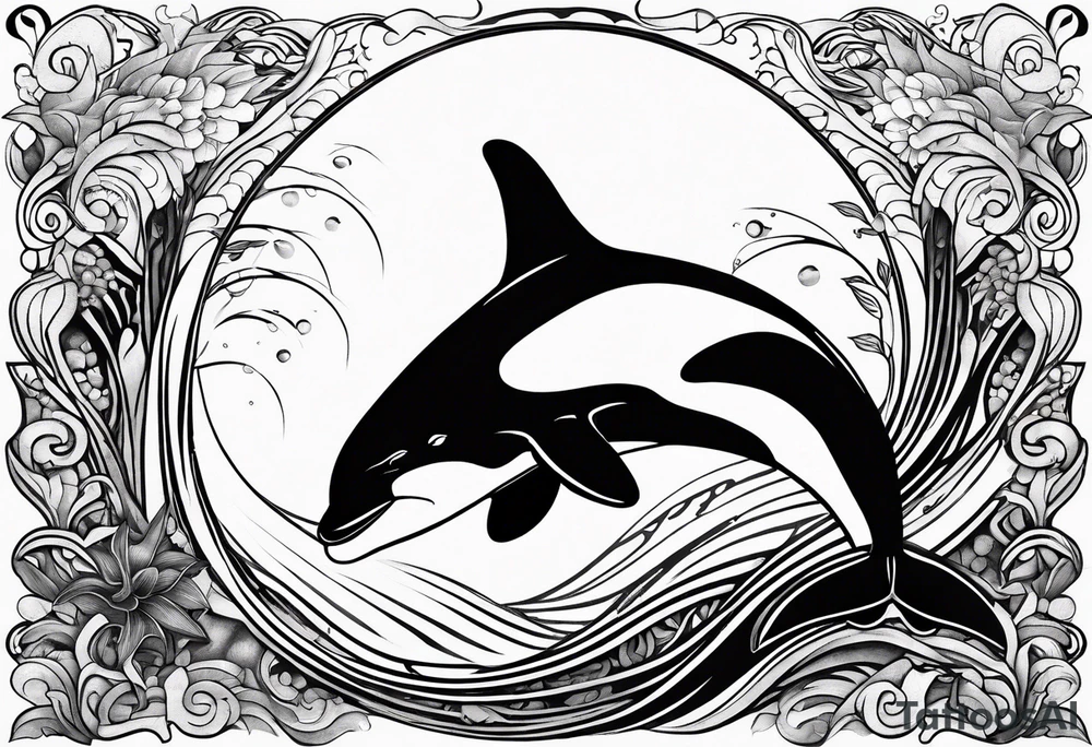 transient orca, Japanese realism, simplistic, shaded high contrast, flowing, kelp highlights tattoo idea