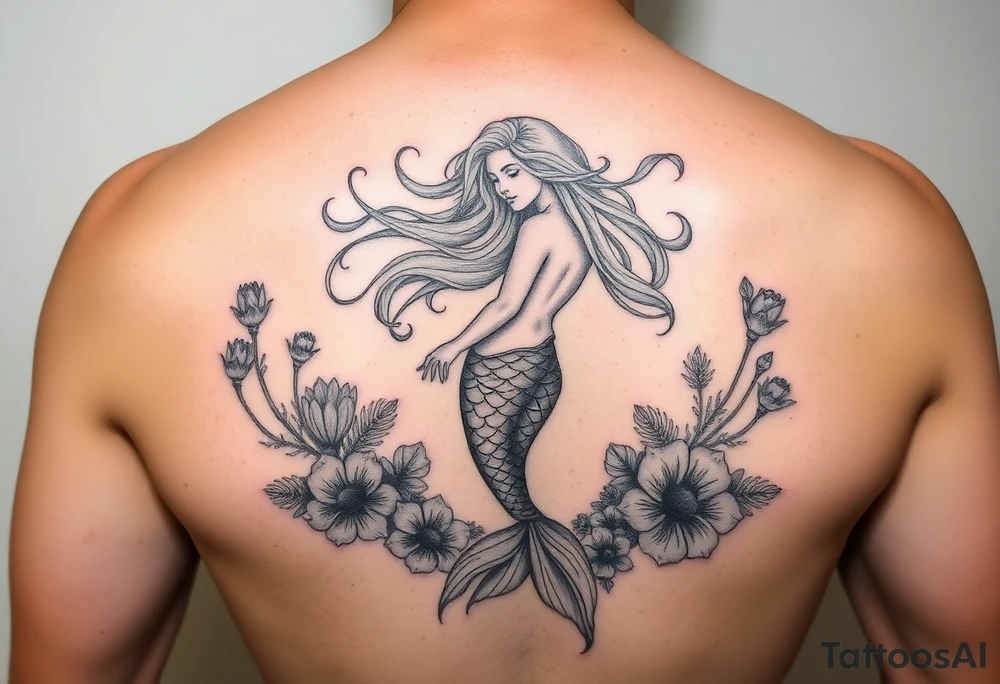 ethereal mermaid with flowing hair among coral and sea flowers tattoo idea
