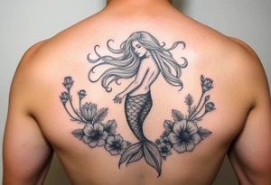 ethereal mermaid with flowing hair among coral and sea flowers tattoo idea
