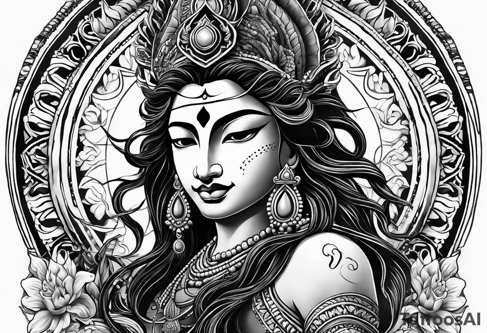 I'll focus on incorporating Lord Shiva, symbols of adventure, happiness, and travel, along with the requested themes of positivity and going with the flow into the design tattoo idea