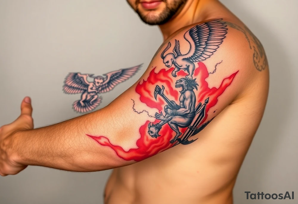 Heaven’s angels fighting hells demons. Angels flying and demons climbing up out of hell tattoo idea