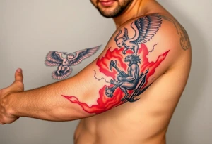 Heaven’s angels fighting hells demons. Angels flying and demons climbing up out of hell tattoo idea