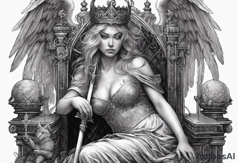 girl angel sitting in a throne with a staff with a cross at the top, a devil laying on the ground by the angels feet being stabbed in the chest by the staff tattoo idea