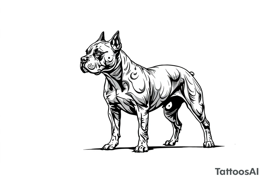 Minimalist black-line pitbull silhouette, standing proudly, clean lines only, no shading, perfect for a subtle tattoo. tattoo idea