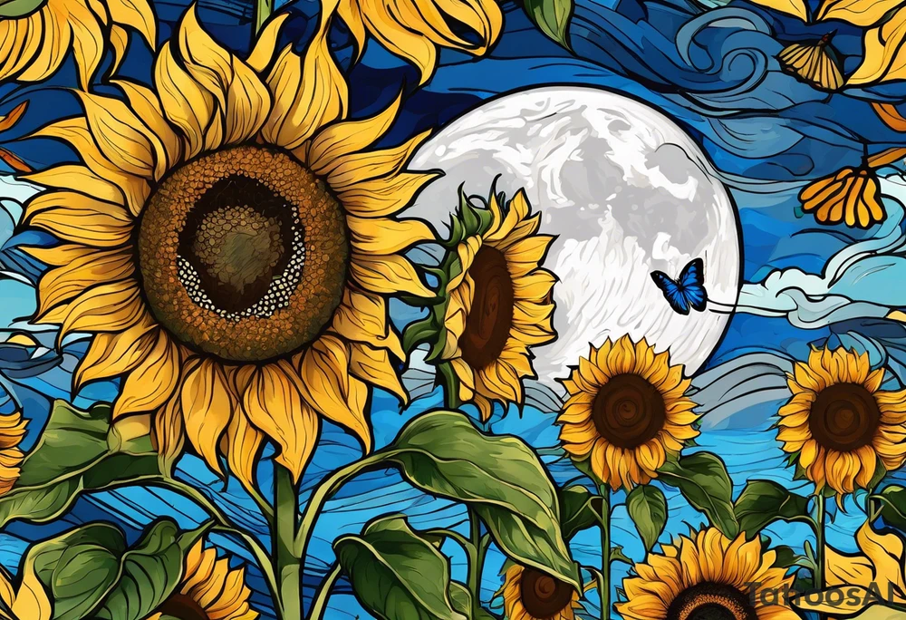 Sunflowers, full moon, blue morpho butterflies, cross tattoo idea