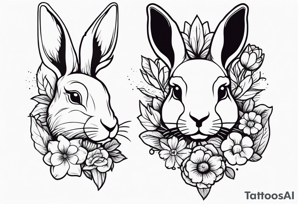 Rabbit head and flowers tattoo idea