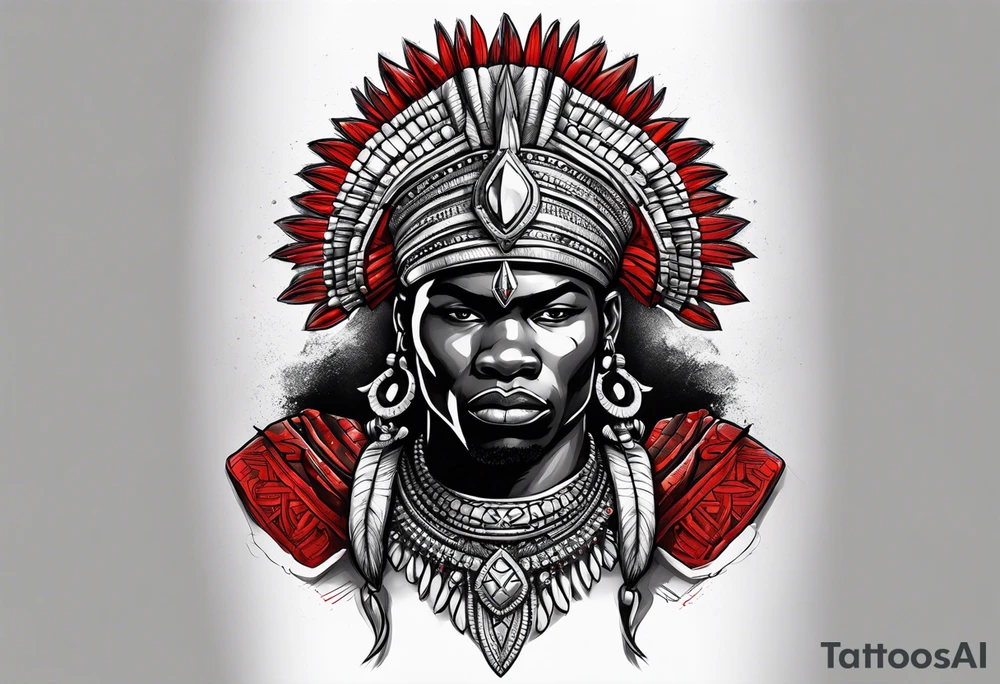 african warrior with a small silver crown and a red necklace tattoo idea