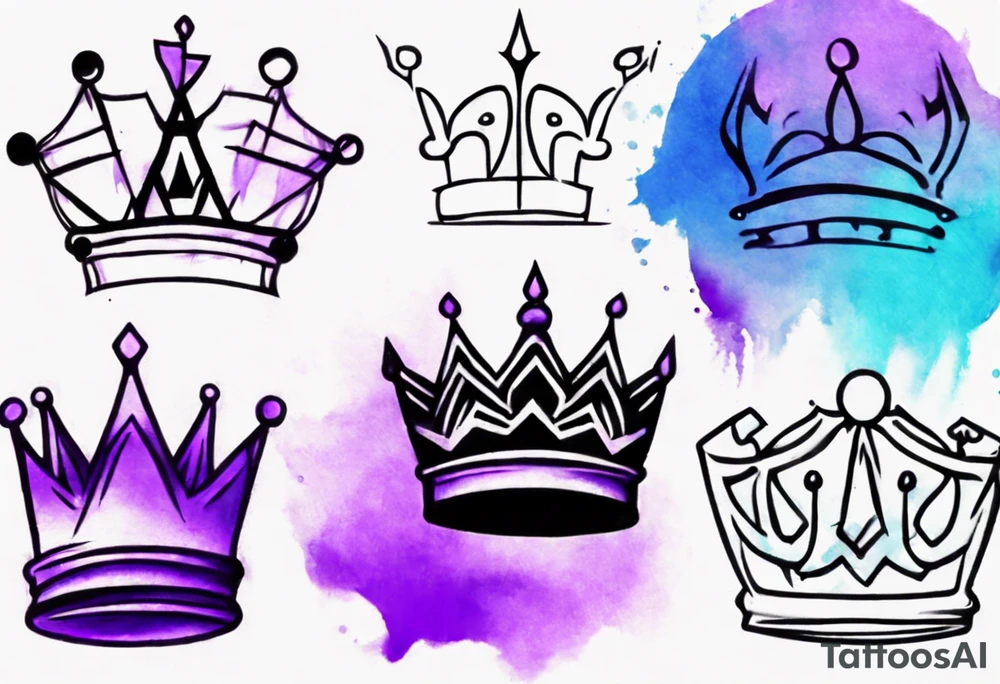 A tattoo of a minimalistic black crown and some negative space on a water color background of purple and blue. tattoo idea