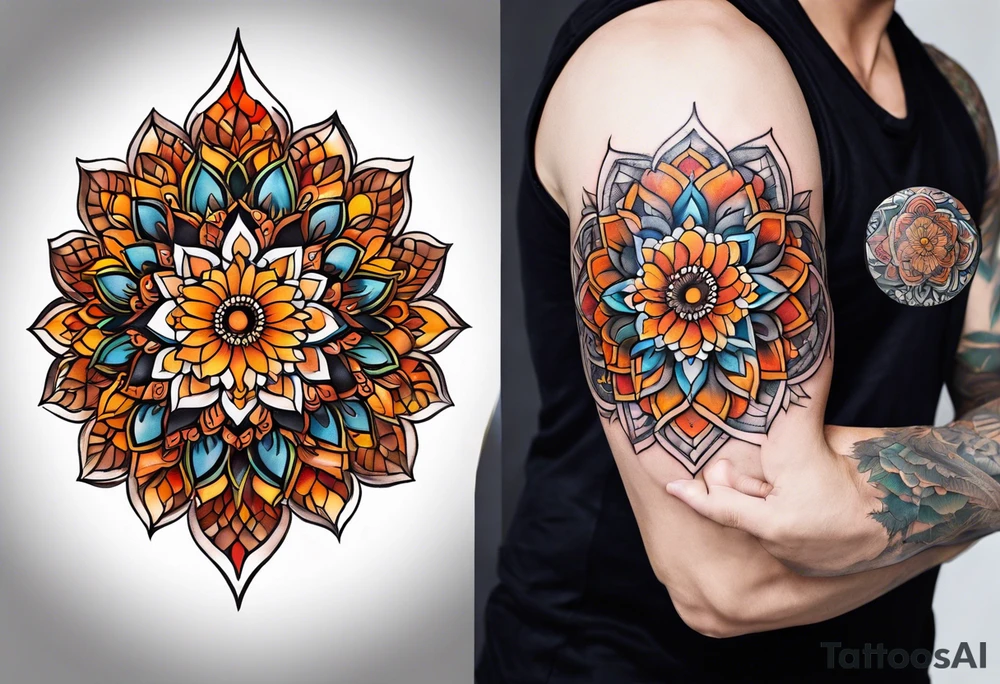 simple male virgo mandala elbow tattoo in fall colors tattoo idea