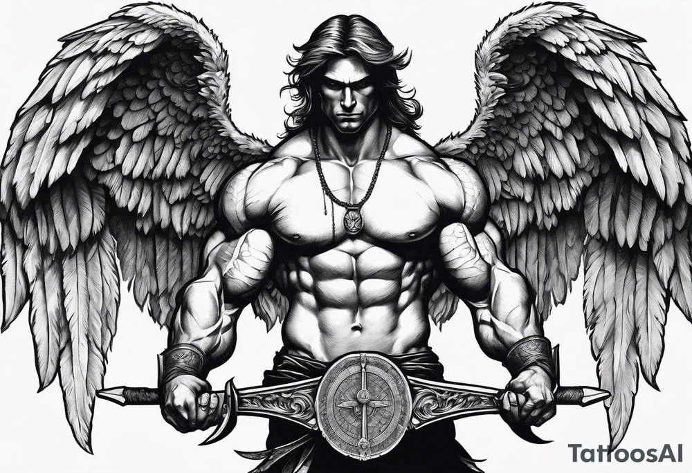 Blank muscular human angel being rising from the ground with one arm holding a balance scale and the other holding a sword. Very large angel/demon wings from each side of being. Powerful, dark, black and white tattoo idea