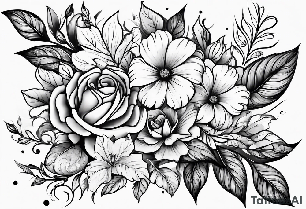 Florais com folhas em traços finos tattoo idea