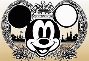 disney world castle with mickey mouse holding a knife in one hand and a stick in the other hand with palm trees and the celtic symbol for family tattoo idea