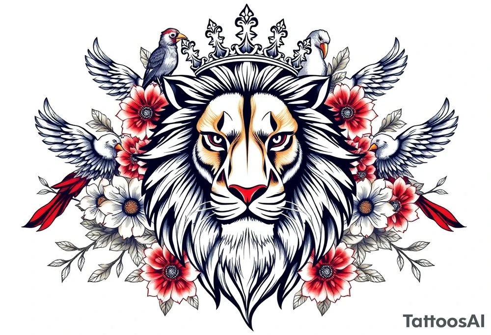 powerful majestic lion with a crown, surrounded by floral ornaments and birds tattoo idea