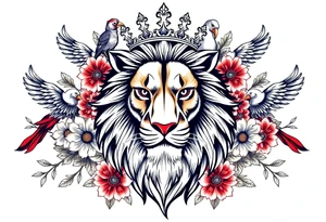 powerful majestic lion with a crown, surrounded by floral ornaments and birds tattoo idea