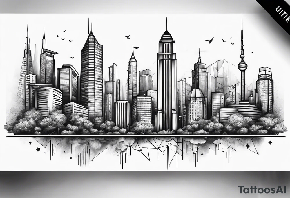 City with tall building leg sleeve tattoo idea